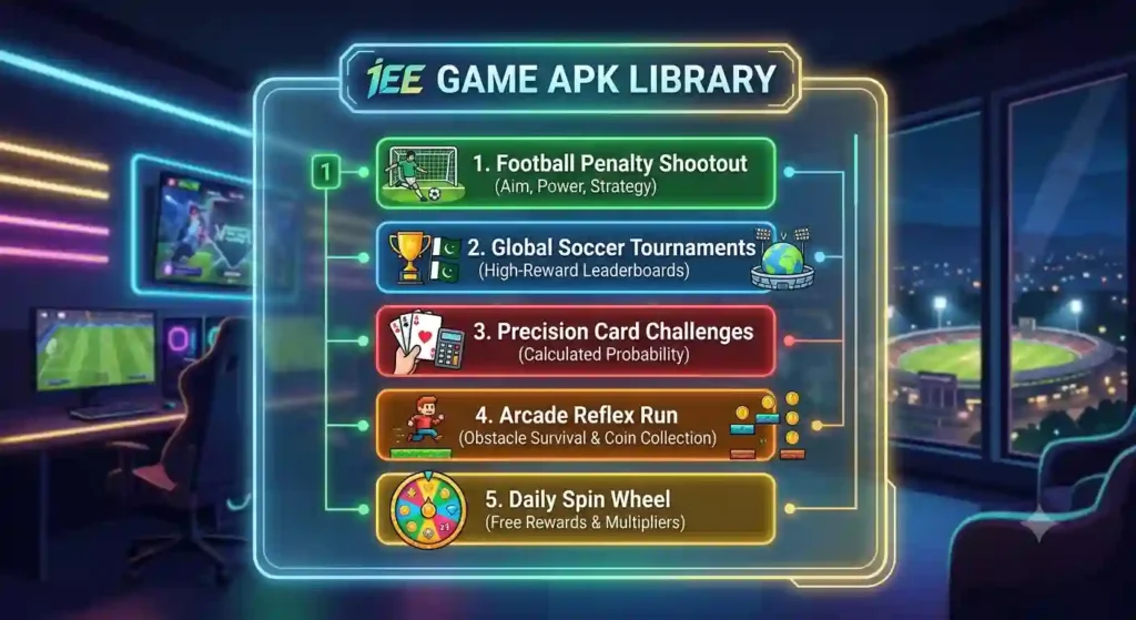 A colorful graphic showcasing the 1ee Game APK game modes including Football Penalty Shootout, Global Soccer Tournaments, Precision Card Challenges, Arcade Reflex Run, and Daily Spin Wheel.