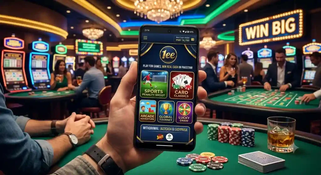 A close-up view of a smartphone displaying the 1ee Game app interface held over a vibrant, illuminated casino table with poker chips and slot machines in the background.