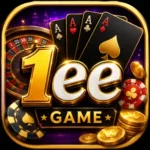 A luxurious 1ee Game casino app icon featuring gold lettering, poker chips, playing cards, a roulette wheel, and gold coins on a dark purple background.