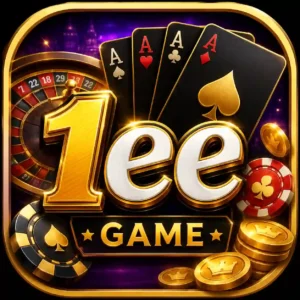 A luxurious 1ee Game casino app icon featuring gold lettering, poker chips, playing cards, a roulette wheel, and gold coins on a dark purple background.