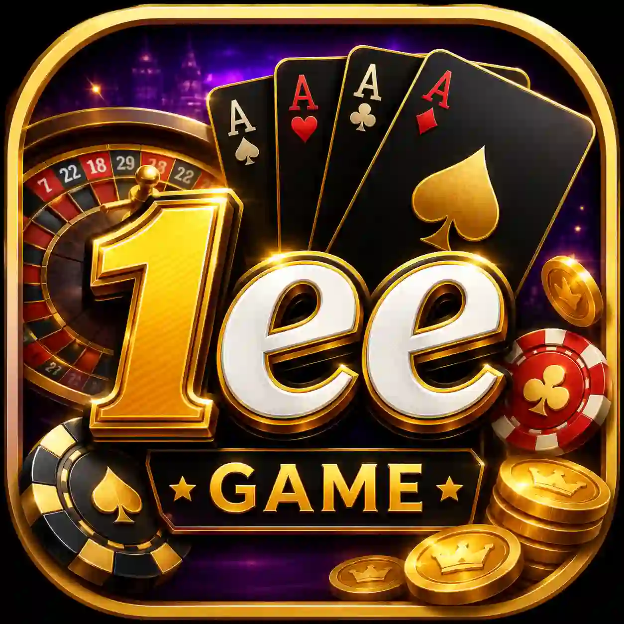 A luxurious 1ee Game casino app icon featuring gold lettering, poker chips, playing cards, a roulette wheel, and gold coins on a dark purple background.