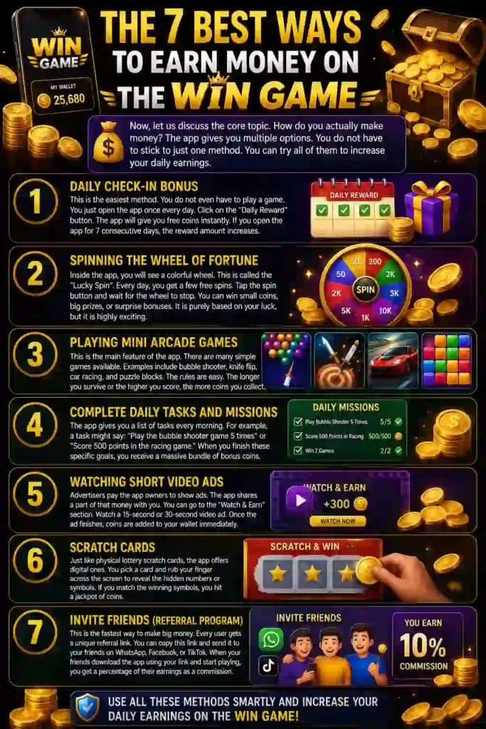 Illustration showing the seven ways to earn rewards in the Win Game app, including daily check-in bonuses, lucky spin, mini games, daily missions, watching videos, scratch cards, and the referral program.