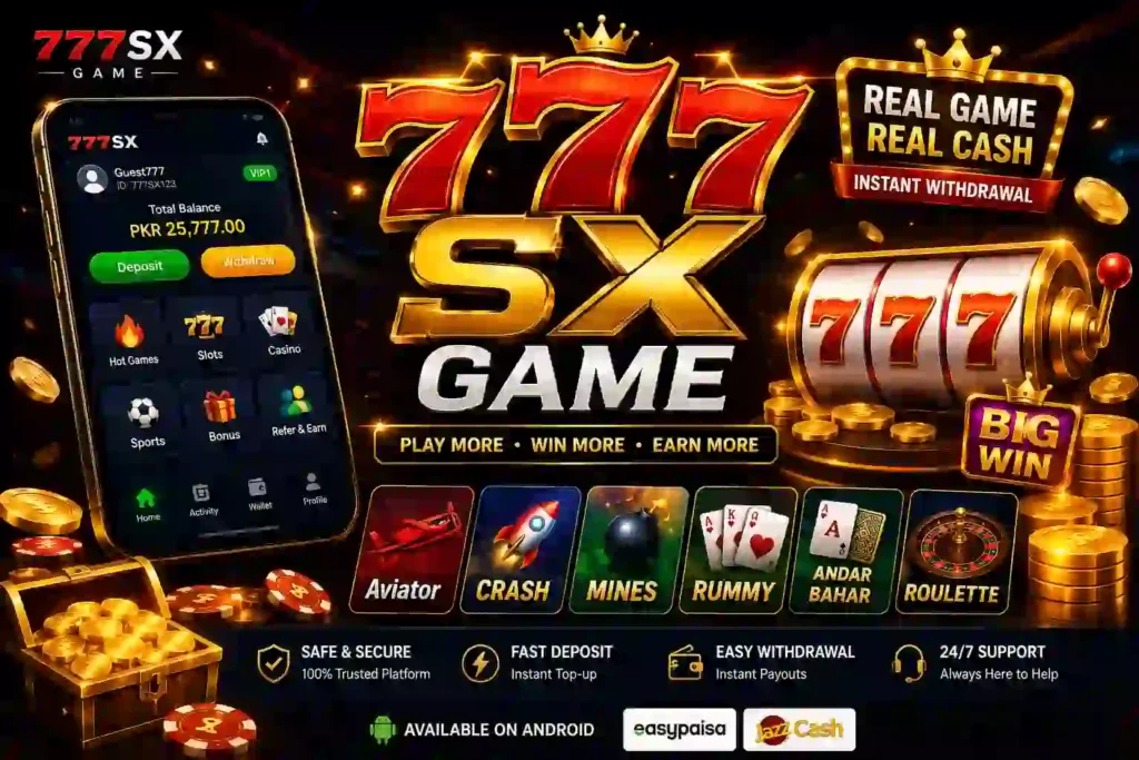 777SX Game promotional image showing a smartphone gaming interface, large glowing 777 symbols, slot machine, gold coins, and a luxury black and gold gaming background.