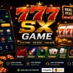 777SX Game promotional image showing a smartphone gaming interface, large glowing 777 symbols, slot machine, gold coins, and a luxury black and gold gaming background.