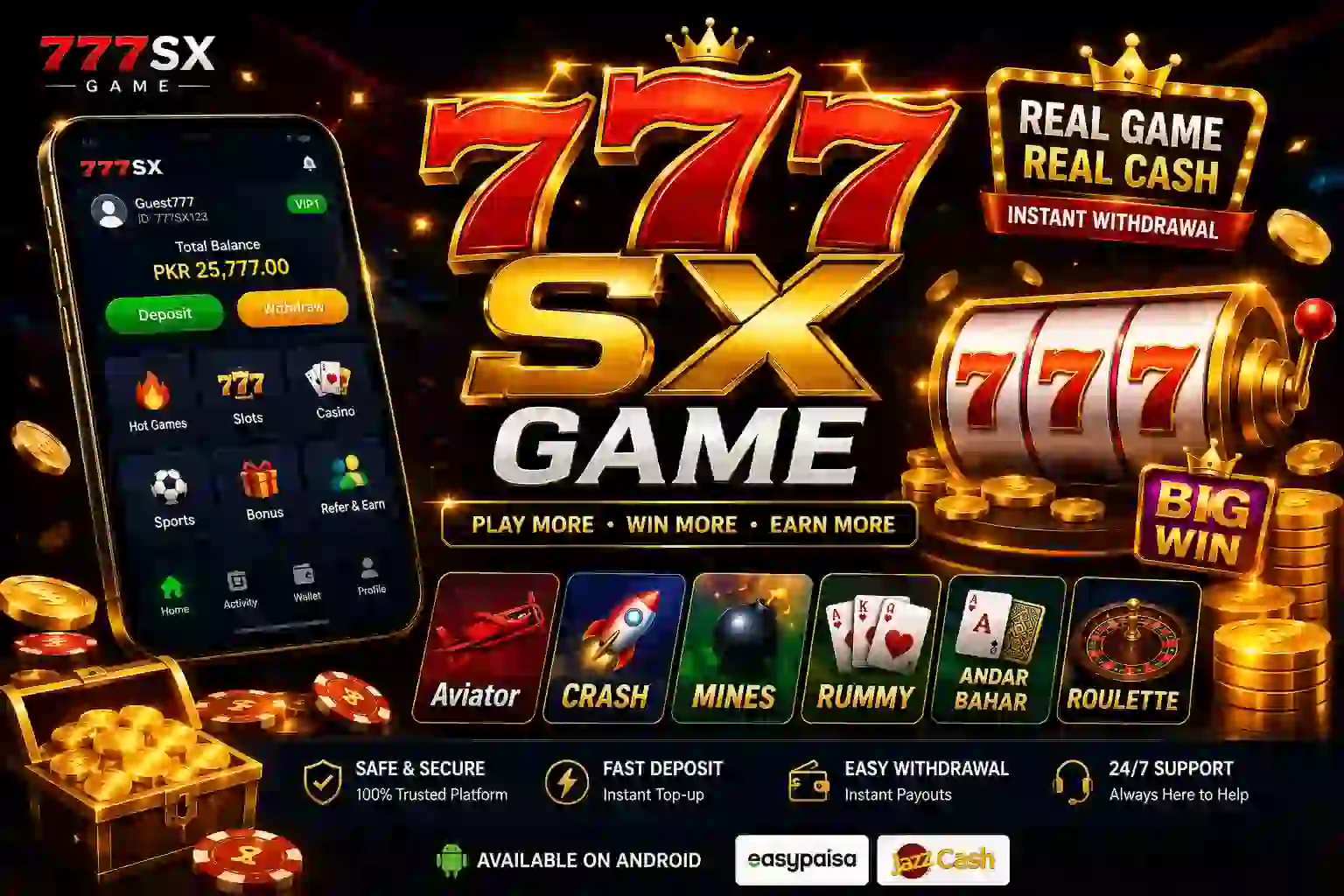 777SX Game promotional image showing a smartphone gaming interface, large glowing 777 symbols, slot machine, gold coins, and a luxury black and gold gaming background.