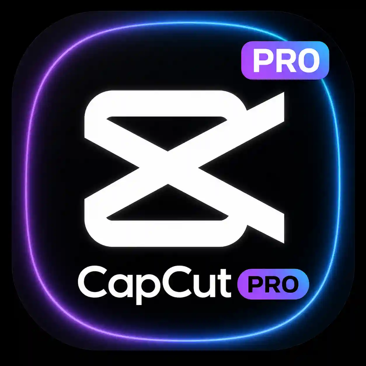 CapCut Pro premium app icon featuring a black background, white CapCut logo, and glowing blue and purple PRO badges.