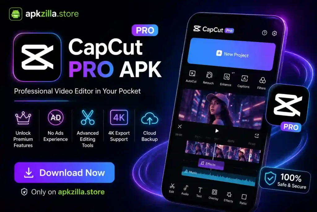 Promotional banner for CapCut Pro APK featuring a smartphone with the video editing interface, premium features, 4K export, no ads, and apkzilla.store branding on a neon black background.