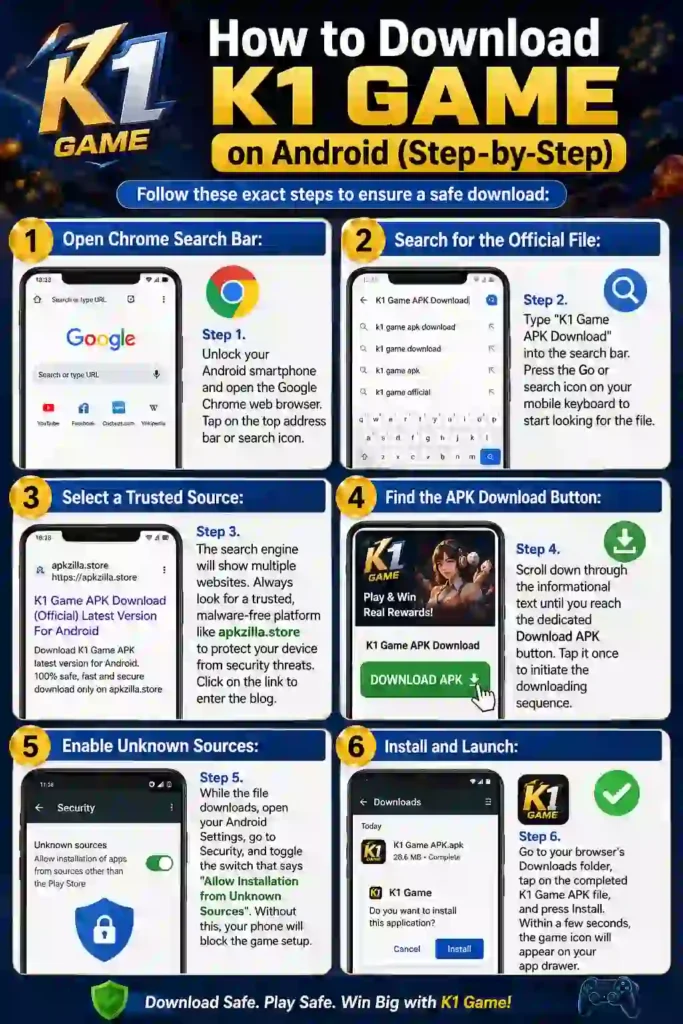 A colorful step-by-step infographic explaining how to download and install the K1 Game APK on an Android device. The guide covers opening Chrome, searching for the K1 Game APK, choosing a trusted website, tapping the download button, enabling installation from unknown sources in Android settings, and completing the APK installation successfully.