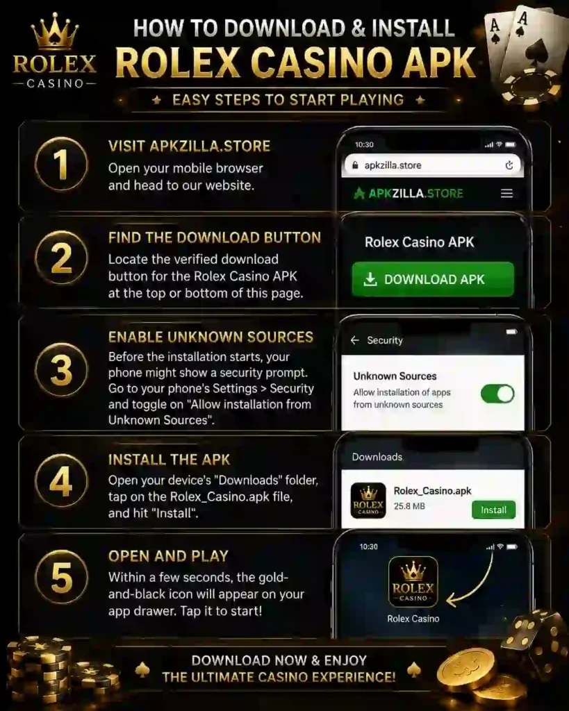 Step-by-step infographic showing how to download and install the Rolex Casino APK from APKZilla.store on an Android device, including enabling Unknown Sources, installing the APK, and launching the app.