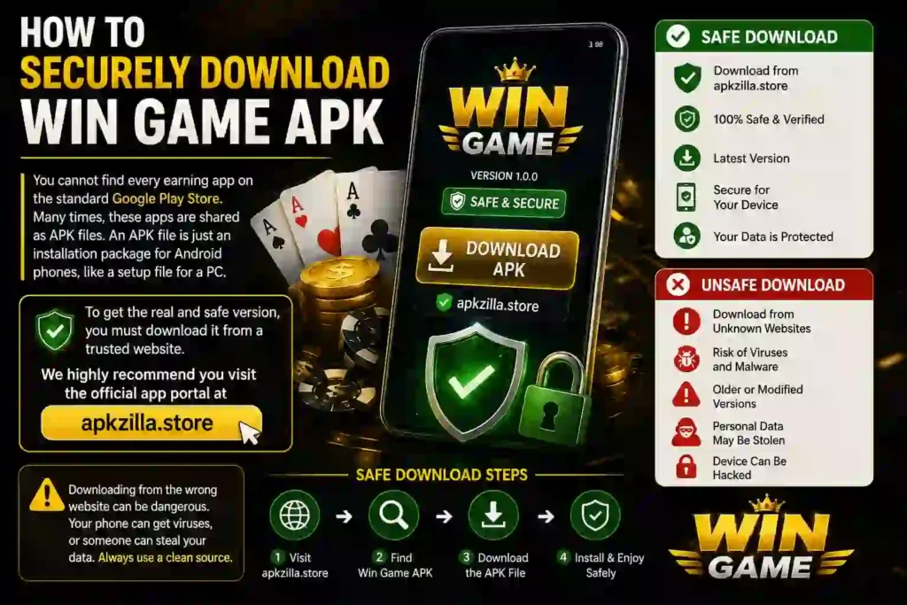 Infographic showing how to safely download the Win Game APK from a trusted source, with secure download steps, security shield icons, smartphone display, and warnings about malware and unsafe websites.