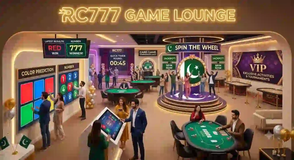 A dynamic panoramic photo of a vibrant RC777 Game Lounge interior in Pakistan. The image displays diverse gaming zones, including color prediction and number games on interactive wall panels, a massive illuminated spin-the-wheel challenge, poker and card game tables with daily tournaments, and a dedicated VIP exclusive activities area. People are actively playing using smartphones and touchscreens, capturing the lively atmosphere of the app's multiple game types.