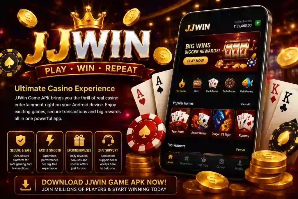 JJWin Game APK promotional banner showing a premium casino interface with slots, poker, coins, playing cards, secure gaming features, bonuses, and Android gameplay.