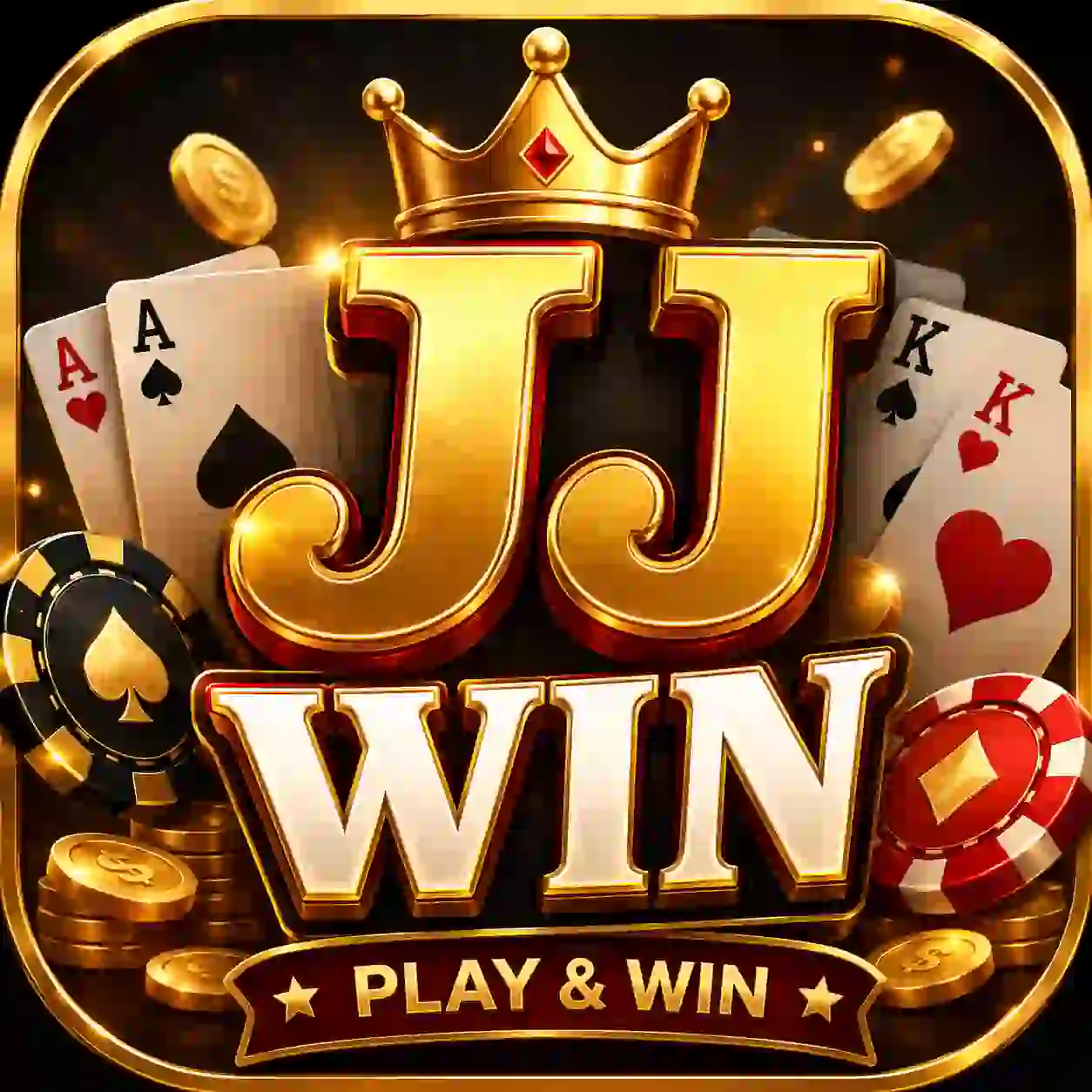 JJWin Game APK icon featuring a luxurious gold casino theme with poker chips, playing cards, coins, and a premium crown.