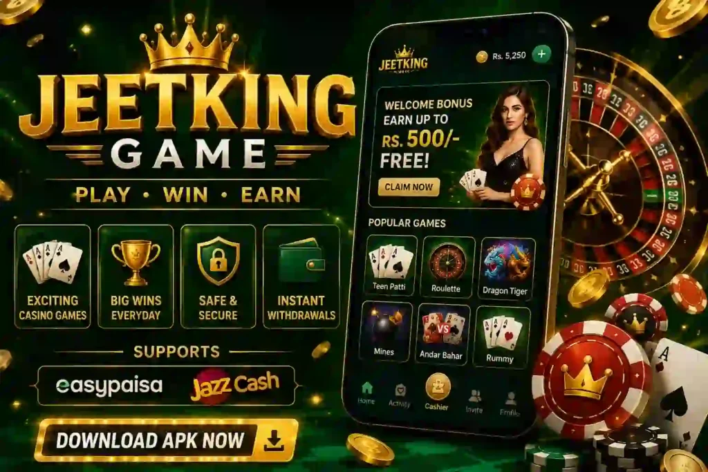 JeetKing Game promotional banner showing a smartphone with the casino gaming app interface, roulette wheel, poker chips, playing cards, gold coins, and instant withdrawal options.