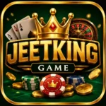 JeetKing Game casino app icon featuring a golden crown, poker chips, playing cards, roulette wheel, and luxury gold branding on a dark green background.
