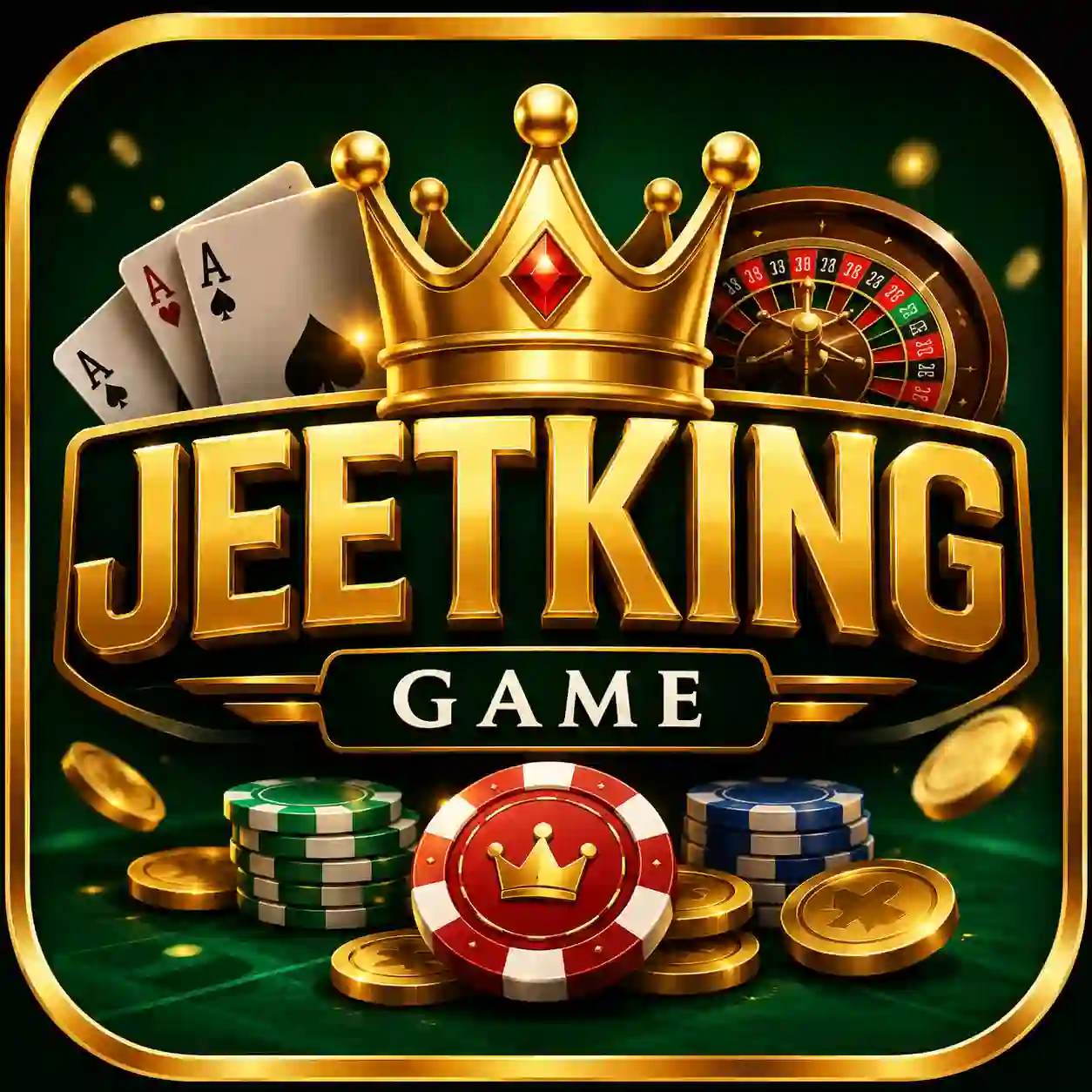 JeetKing Game casino app icon featuring a golden crown, poker chips, playing cards, roulette wheel, and luxury gold branding on a dark green background.