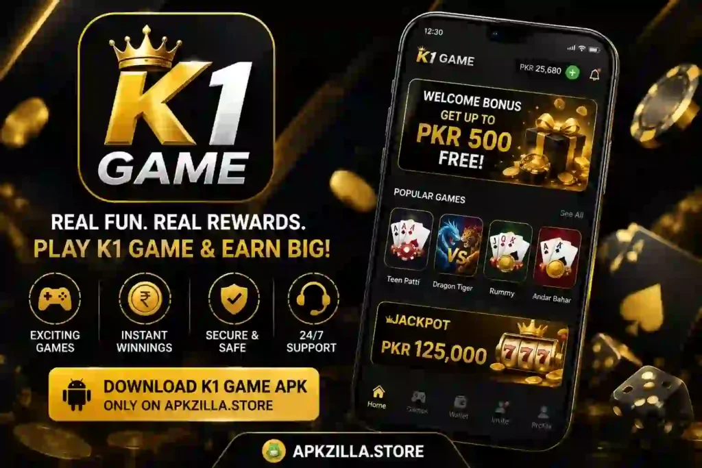 K1 Game APK download banner with Android phone displaying the K1 Game app interface on a black and gold background.