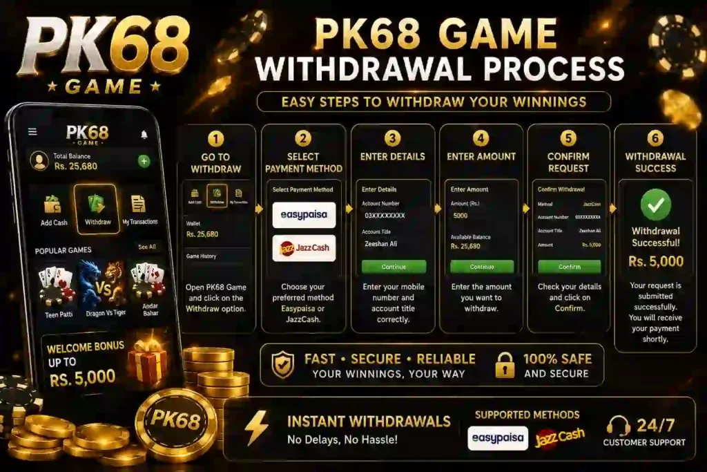 Infographic illustrating the PK68 Game withdrawal process with step-by-step instructions, including selecting a payment method, entering account details, confirming the request, and completing the withdrawal using a black and gold gaming theme.