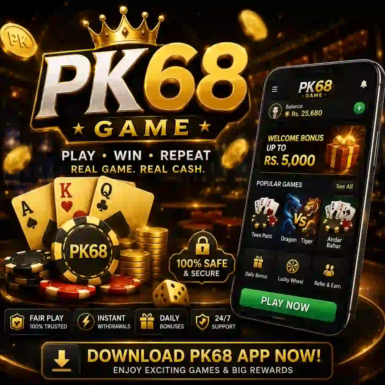PK68 Game promotional banner featuring a luxury black and gold design with playing cards, poker chips, gold coins, a smartphone displaying the PK68 app interface, and a download button.