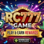A high-quality 16:9 featured image for RC777 Game. It shows a central golden circular icon with sparkling RC777 GAME text in gold, surrounded by flowing coins, playing cards (Aces, King), dice, and neon lights. The background shows a lively casino floor. A subtle golden banner at the bottom reads: RC777 GAME - PLAY, EARN & WIN REWARDS. Includes a golden Android download symbol.