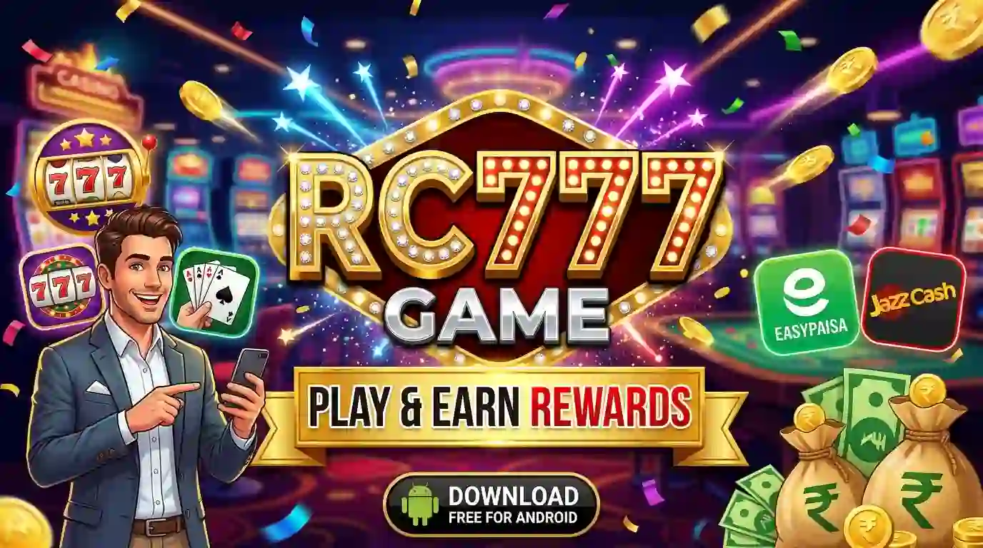 A high-quality 16:9 featured image for RC777 Game. It shows a central golden circular icon with sparkling RC777 GAME text in gold, surrounded by flowing coins, playing cards (Aces, King), dice, and neon lights. The background shows a lively casino floor. A subtle golden banner at the bottom reads: RC777 GAME - PLAY, EARN & WIN REWARDS. Includes a golden Android download symbol.