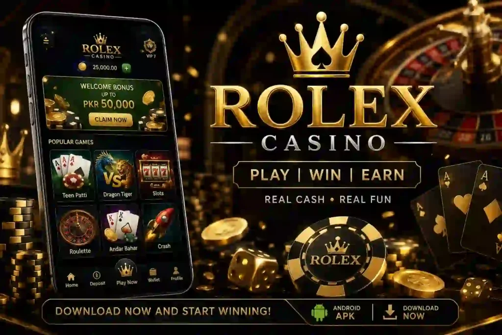 Luxury black and gold Rolex Casino Game promotional banner showing a mobile gaming app with casino-style cards, chips, roulette wheel, and APK download theme.
