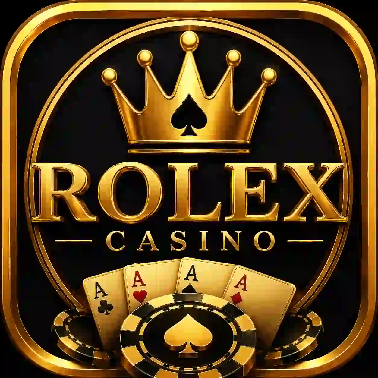 Black and gold Rolex Casino Game app icon with a golden crown, poker cards, casino chips, and luxury gaming design.