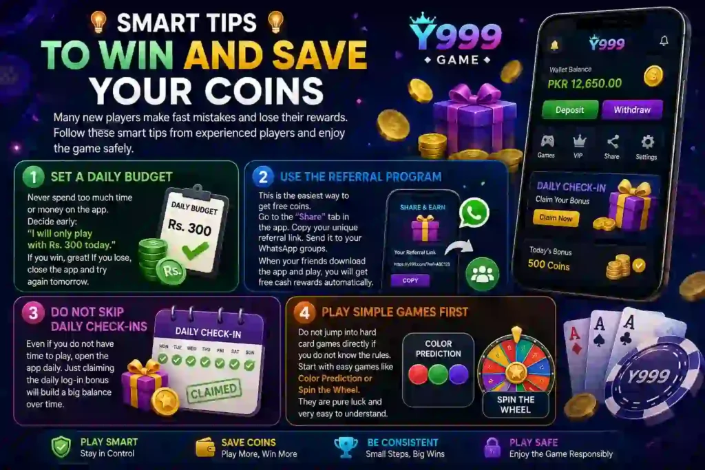 Colorful infographic showing smart Y999 Game tips, including setting a daily budget, using the referral program, claiming daily check-in rewards, and starting with simple games like Color Prediction and Spin the Wheel.