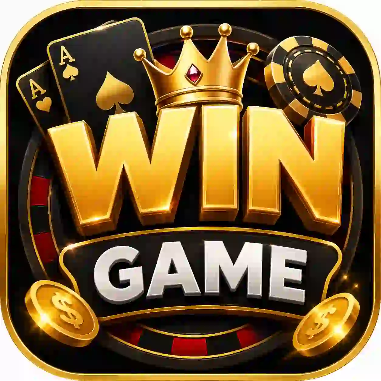 Win Game app icon featuring a gold crown, playing cards, poker chips, and coins on a black background.