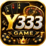 Y333 Game app icon with gold 3D text, playing cards, roulette wheel, casino chips, and crown on a black luxury background.