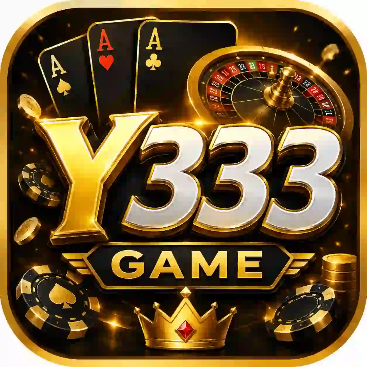 Y333 Game app icon with gold 3D text, playing cards, roulette wheel, casino chips, and crown on a black luxury background.