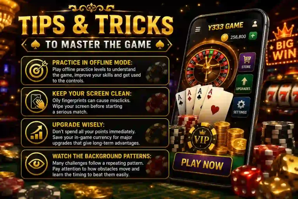 Casino-themed illustration showing Y333 Game strategy tips with an Android smartphone, roulette wheel, playing cards, poker chips, gold coins, and gameplay improvement icons.