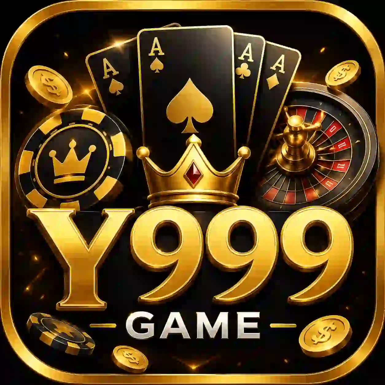 Gold and black Y999 Game app icon with premium casino-style design, playing cards, poker chips, roulette wheel, and golden coins.