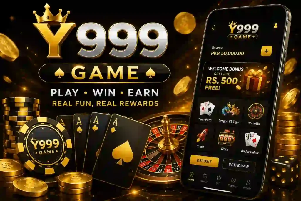 Promotional image of Y999 Game showing a premium black and gold gaming interface on a smartphone with playing cards, roulette wheel, poker chips, and gold coins.