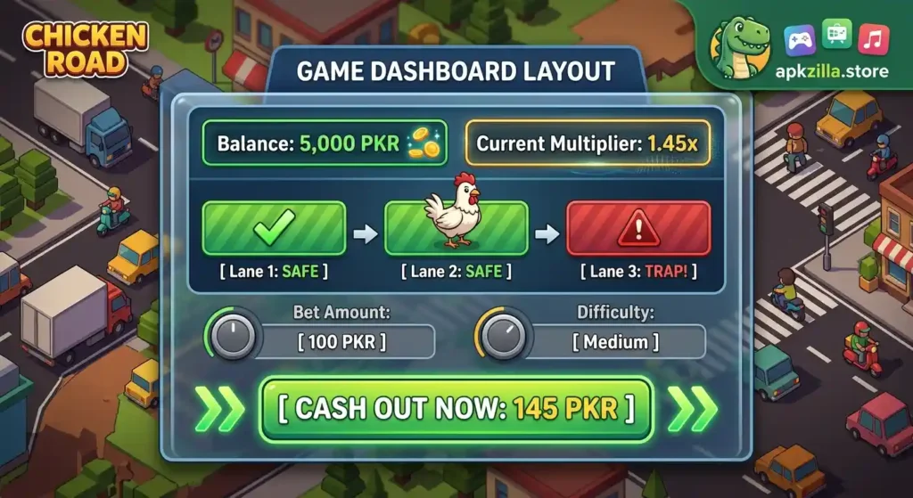 A colorful graphic showcasing the dashboard layout for the Chicken Road online game. The title "GAME DASHBOARD LAYOUT" is at the top. Top metrics show a balance of "5,000 PKR" and a current multiplier of "1.45x". A lane selection section displays [Lane 1: SAFE] (green tile), [Lane 2: SAFE] (green tile), and [Lane 3: TRAP!] (red tile with a danger icon). Game settings are visible: "Bet Amount: [ 100 PKR ]" and "Difficulty: [ Medium ]". A prominent green button at the bottom features double chevrons and reads ">>> [ CASH OUT NOW: 145 PKR ] <<<". The "apkzilla.store" branding is visible.