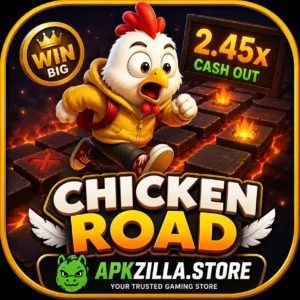 Chicken Road game icon showing a cartoon chicken running across dangerous road tiles with APKZILLA.STORE branding