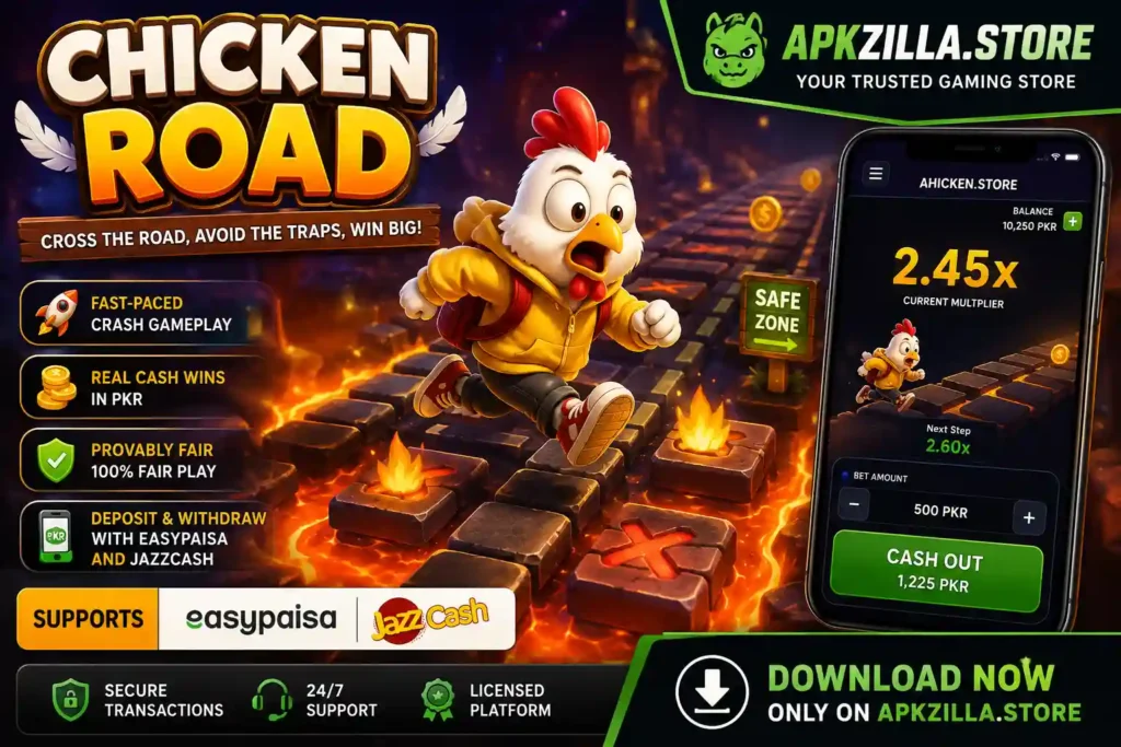 Chicken Road Game with colorful chicken gameplay, multiplier screen, EasyPaisa and JazzCash support, branded with APKZILLA.STORE