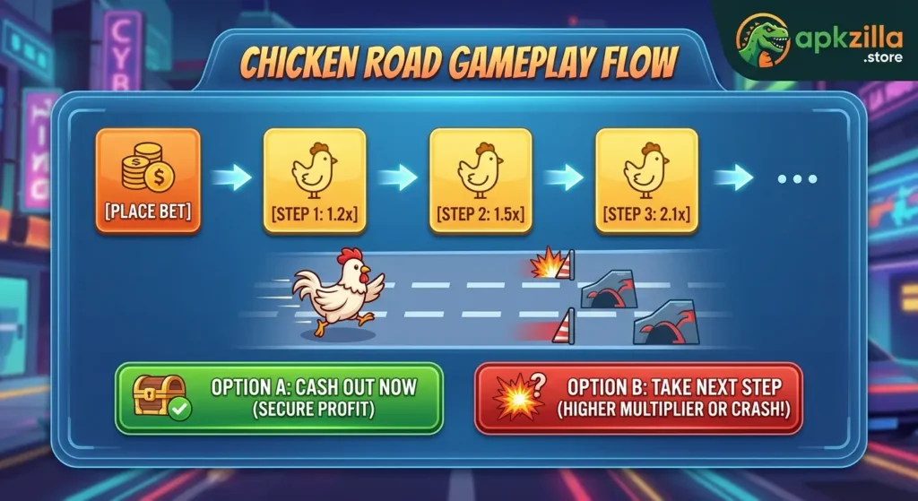 A colorful infographic titled 'CHICKEN ROAD GAMEPLAY FLOW' details the step-by-step process of playing this online cash-earning game. A horizontal flow at the top shows '[PLACE BET]' connecting to three progressive yellow boxes: '[STEP 1: 1.2x]', '[STEP 2: 1.5x]', and '[STEP 3: 2.1x]'. Below, a cartoon white chicken runs across a highway dodging red cones and road gaps. A green button at the bottom reads 'OPTION A: CASH OUT NOW (SECURE PROFIT)', and a red button reads 'OPTION B: TAKE NEXT STEP (HIGHER MULTIPLIER OR CRASH!)'. A logo for 'apkzilla.store' is at the top right.
