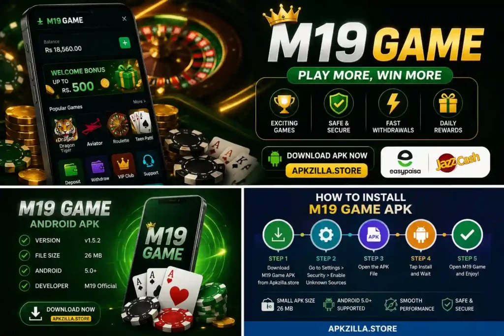 Step-by-step M19 Game APK installation guide showing download, Android settings and installation steps