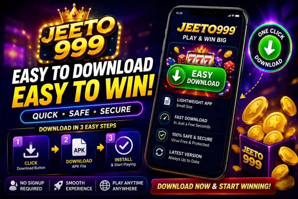Jeeto999 promotional banner showing an easy download process, smartphone game interface, one-click download button, APK download and installation steps, coins, and vibrant casino-style graphics.