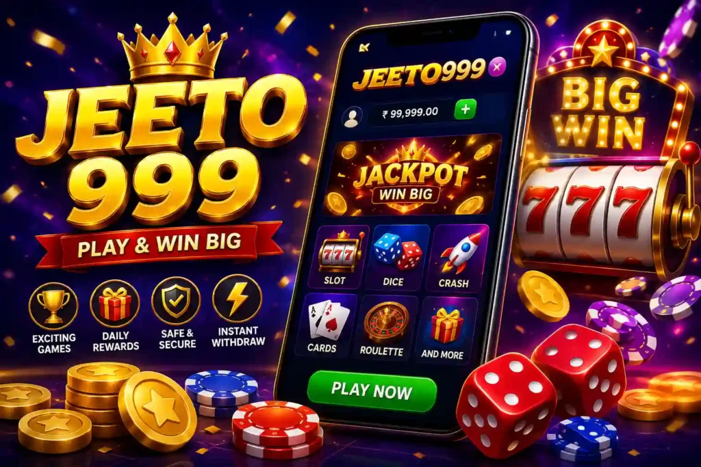Jeeto999 game promotional banner featuring golden 3D Jeeto999 text, a smartphone gaming interface, jackpot graphics, 777 slot machine, dice, coins, casino chips, and vibrant purple-blue lighting.