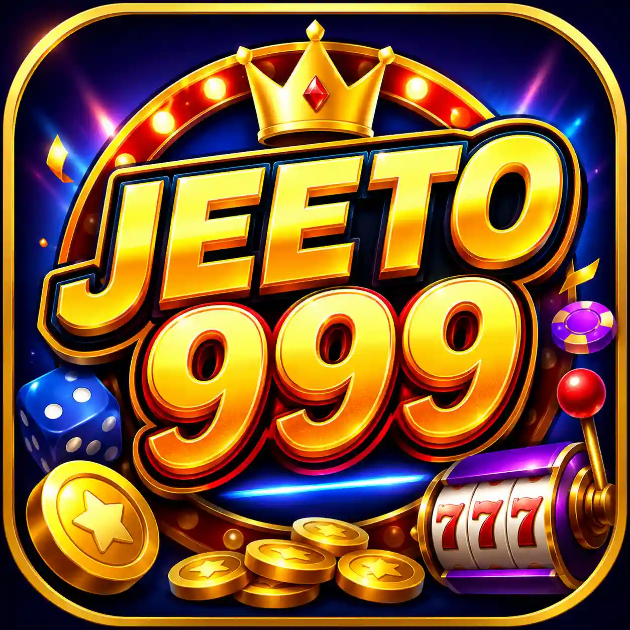 Jeeto999 game icon featuring golden 3D text, a crown, dice, coins, and a 777 slot machine on a vibrant blue and purple background.