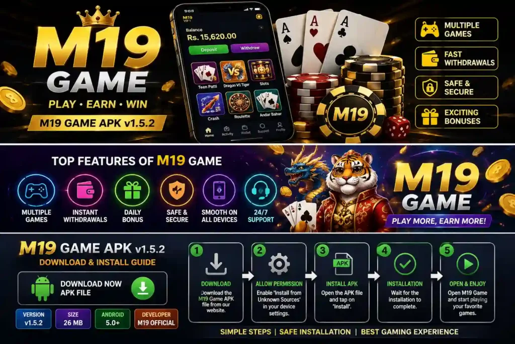 M19 Game APK displayed on a smartphone with gaming interface and casino-style graphics