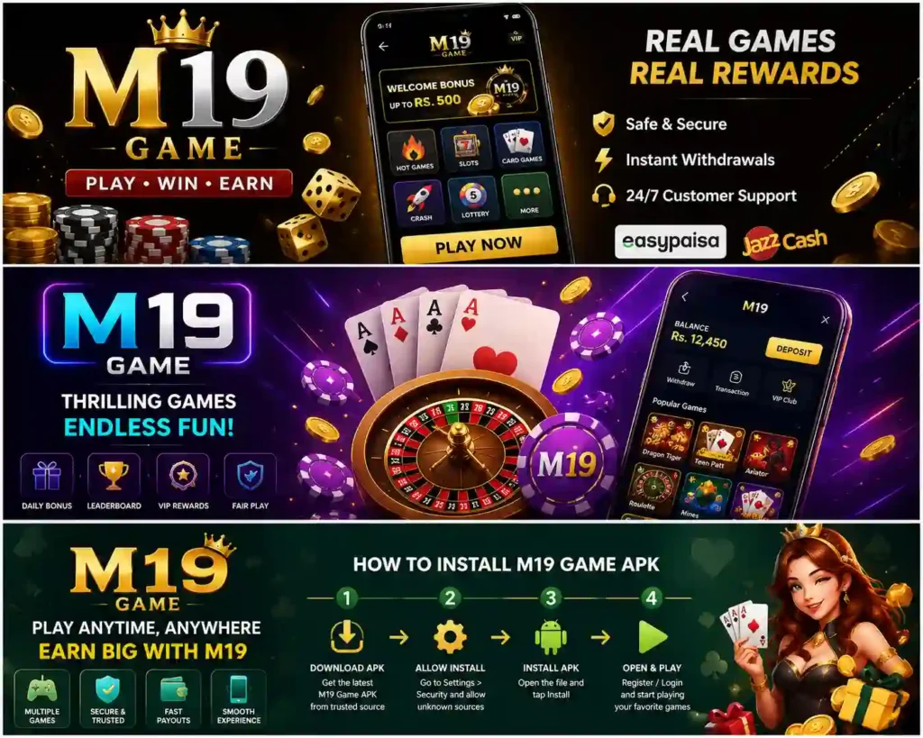 M19 Game Android interface showing different gaming options, cards, chips and mobile features