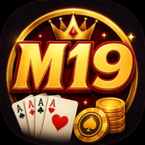 M19 Game APK icon with gold M19 logo, crown, playing cards and gaming chips