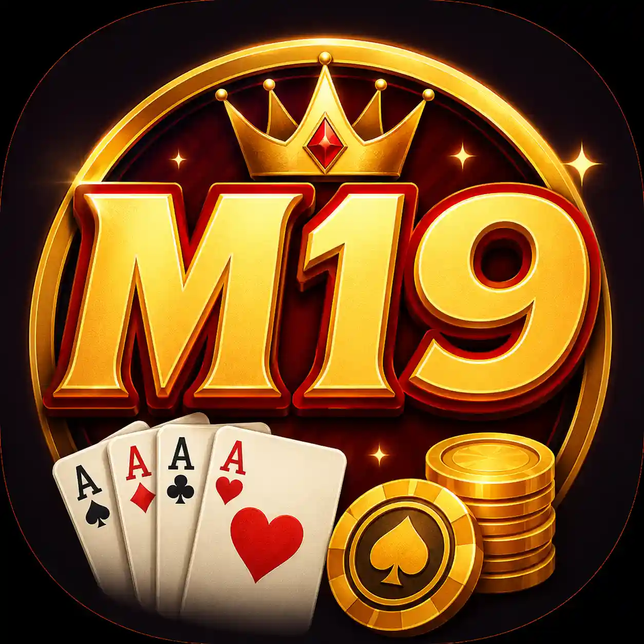 M19 Game APK icon with gold M19 logo, crown, playing cards and gaming chips
