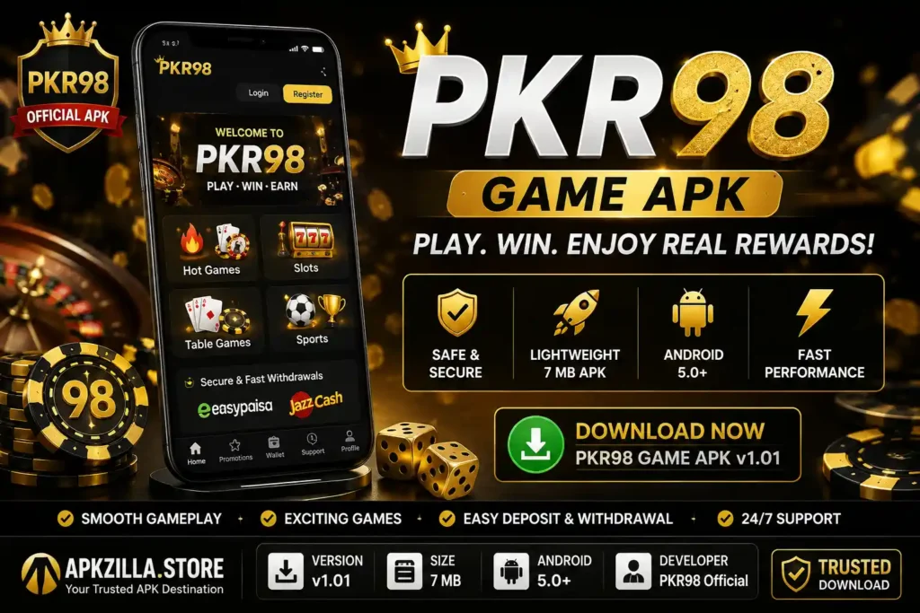 PKR98 Game APK v1.01 showing mobile gaming interface, features, 7 MB file size and Android 5.0+ support
