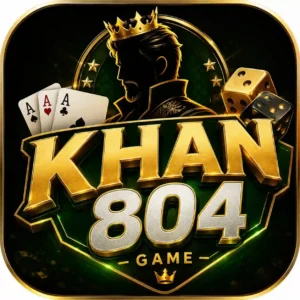 Khan804 Game logo with a gold crown, king silhouette, playing cards, dice, and bold gold lettering on a dark green background.